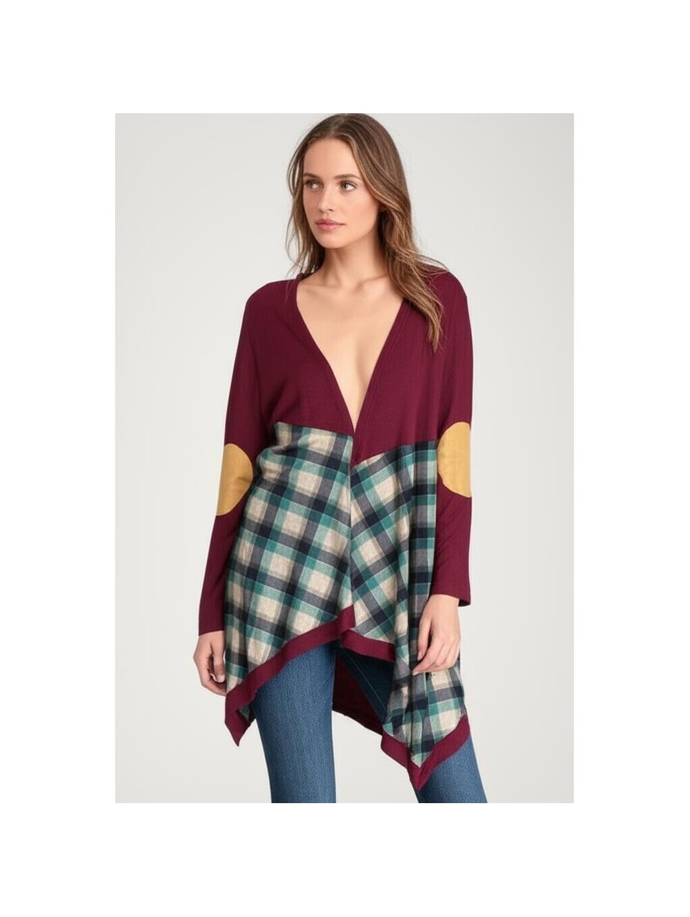 Entro Womens Tunic Top Sz S Burgundy Plaid Asymmetrical Hem Patches Bohemian